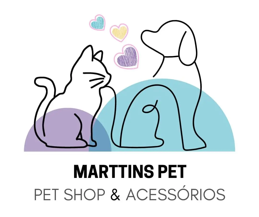 Logo do Marttins Pet exibindo um cachorro, um gato e com desenho de corações coloridos entre eles